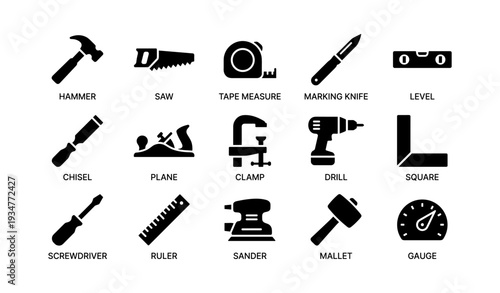Set of various hand and power tools icons in black silhouette
