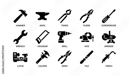 Collection of tool icons: hammer, anvil, tongs, pliers, screwdriver, wrench, hacksaw, drill