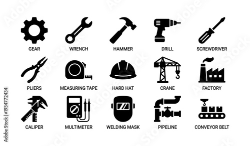 Silhouette icons of tools and machinery for construction and engineering