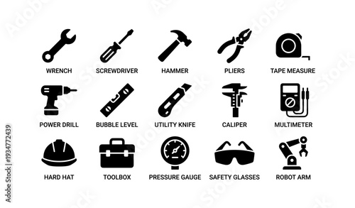 Collection of essential black silhouette tools for construction and repair tasks