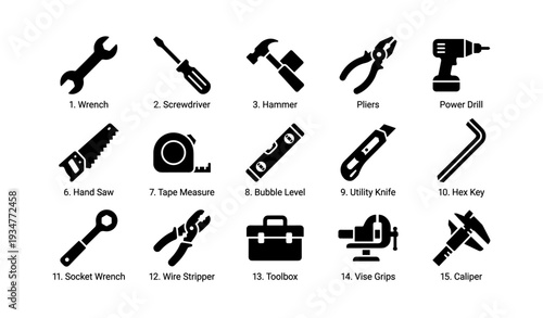 Essential tool icons: wrench, screwdriver, hammer, pliers, drill, and more