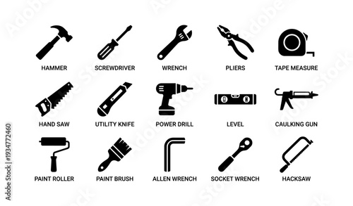 Set of essential hand tools and power tools for diy projects