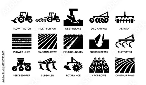 Agricultural equipment icons: plow, harrow, aerator, subsoiler, crop rows