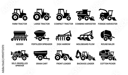 Silhouettes of various agricultural machinery and equipment icons