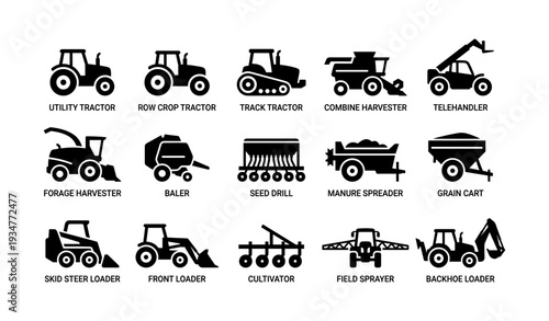 Agricultural machinery icons: tractors, harvesters, loaders, and sprayers collection