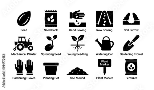 Gardening tools and techniques icons: seed, sowing, seedling, watering can, planting