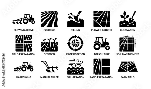 Agricultural icons: tractors, tilling, crop rotation, soil management, farm equipment