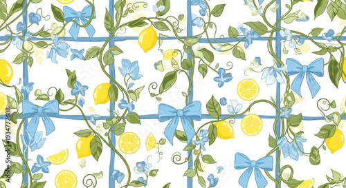 Seamless pattern of lemons and blue ribbons on white background.