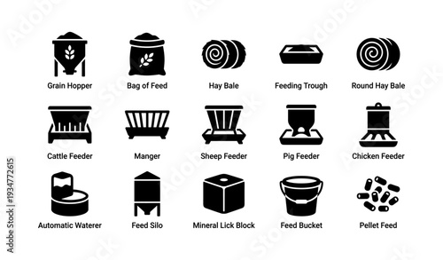 Farm equipment icons: feeders, hoppers, and troughs collection