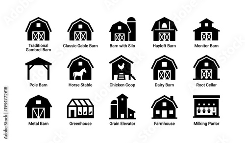 Collection of various barn types and farm structures icons