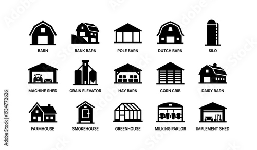 Silhouette icons of various farm buildings and structures