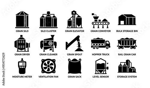 Agriculture icons set: grain silo, elevator, dryer, cleaners, sack, truck
