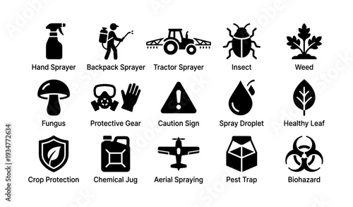 Agricultural equipment and pest control icons: sprayers, insects, biohazard