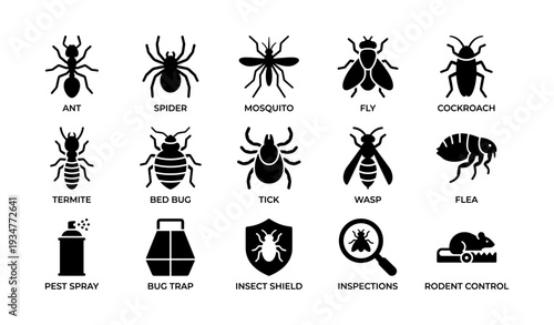 Silhouettes of common household pests and pest control icons