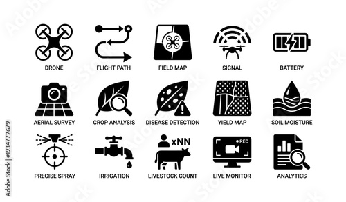 Agricultural technology icons: drone, crop analysis, livestock monitoring, soil moisture