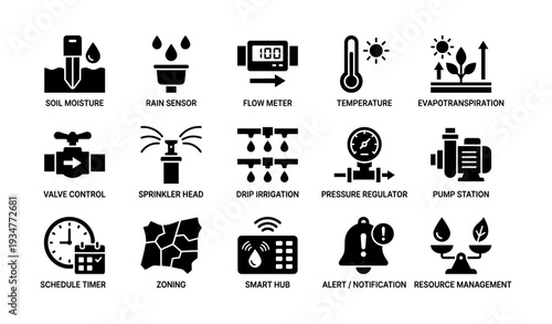 Agricultural irrigation system icons for efficient water management solutions