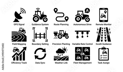 Smart agriculture technology: gps, autonomous driving, remote monitoring icons