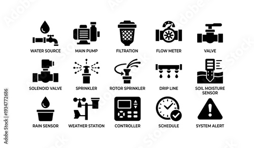 Irrigation system icons: valves, sensors, pumps, sprinklers, controllers