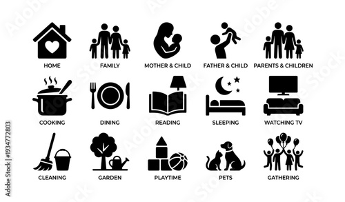 Family activities icon set: home, parenting, leisure, chores, playtime