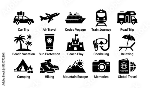 Travel icon collection: vacations, adventure, travel methods, relaxation, activities