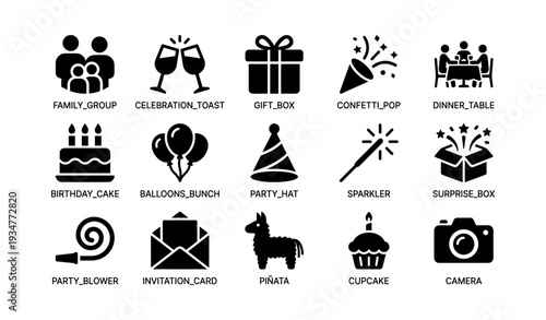 Silhouette icons of family gathering and celebration elements