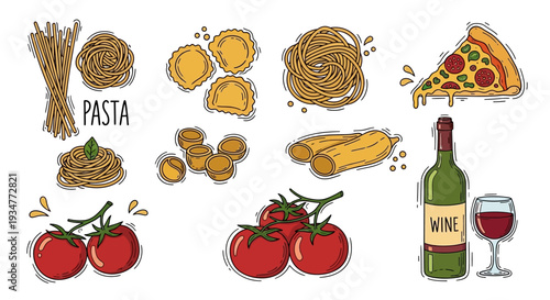 Italian food and wine illustration with pasta pizza tomatoes and wine.