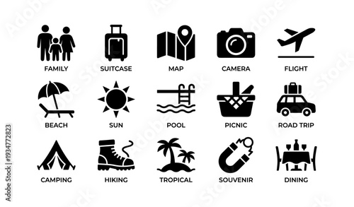 Travel icons: family, beach, camping, adventure, dining, tropical, journey essentials