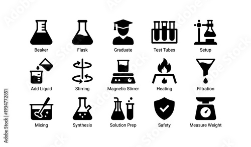 Laboratory icons: beaker, flask, graduate, test tubes, safety