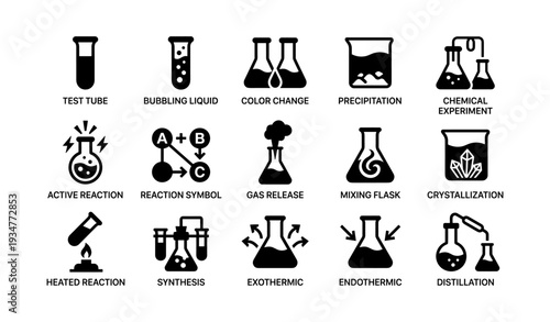Chemical experiment icons: test tube, reaction, synthesis, distillation, crystallization