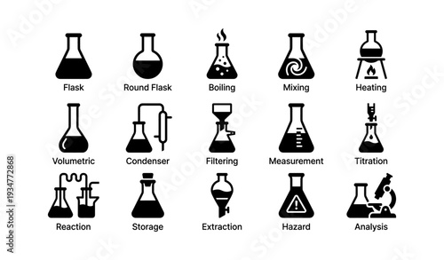 Chemical laboratory equipment icons assortment featuring flasks and instruments