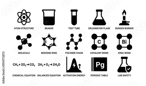 Scientific symbols and lab equipment icons for chemistry education