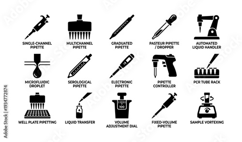 Laboratory pipettes and equipment icons for scientific research