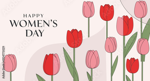Happy Women's Day greeting with red and pink tulips.