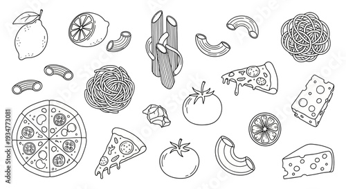 Assorted Pizza Ingredients and Toppings Line Art Illustrations.