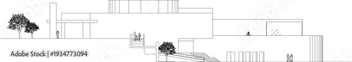 Technical architectural elevation showing modern terraced building with multiple levels, horizontal emphasis, trees, ramps and human figures for scale in minimalist line art.