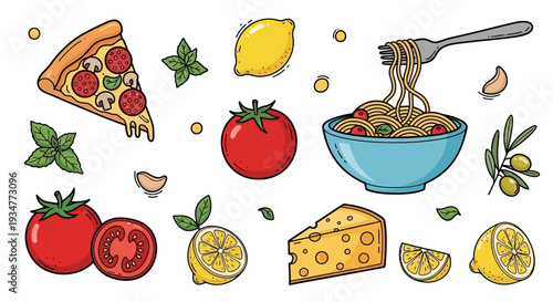 Assorted Italian food elements including pizza, pasta, tomatoes, cheese, and lemons.