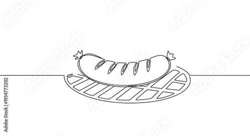 Outline vector illustration of a grilled sausage on a barbecue grill with smoke, isolated on transparent background, showcasing a delicious and appetizing appearance for food enthusiasts