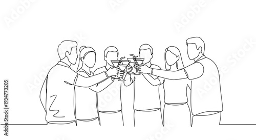 Outline vector illustration of a group of six people celebrating by clinking glasses in a joyful indoor setting on a transparent background
