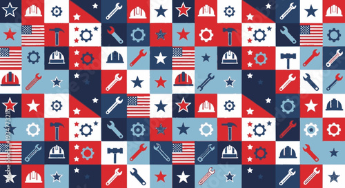 Patriotic labor day icons in red white and blue featuring tools stars and american flags in a grid pattern symbolizing work and national