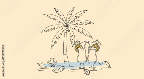 Tropical beach scene with cocktails and palm tree.