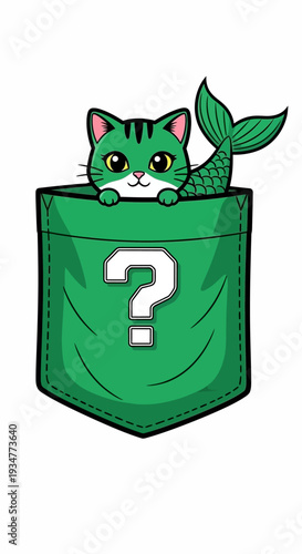 Green Cartoon Cat Emerging from Pocket.