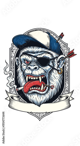 Gorilla Wearing Baseball Cap Tattoo Style.