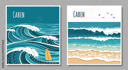 Two Oceanic Posters Featuring Waves and Surfing Elements.