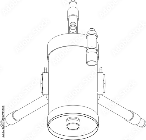 Technical isometric line drawing of a cylindrical mechanical filter component with multiple pipe fittings, side mounting brackets and angled tubes in black and white outline style.