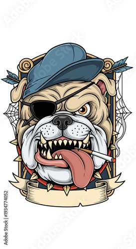 Tough Bulldog Wearing Blue Cap and Smoking.