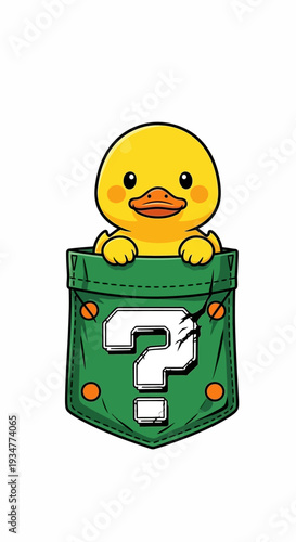 Yellow Duckling in Green Pocket with Question Mark.
