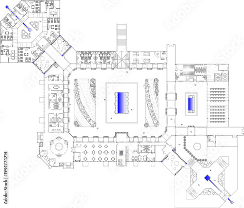 Technical architectural floor plan of a large complex building featuring a central courtyard with blue pools, dining areas, seating rows, and staircases in CAD style.