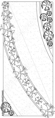 Technical landscape architecture plan showing a narrow diagonal median or pathway featuring a row of bare-branched trees and a cluster of mature canopy trees with stippled ground texture.