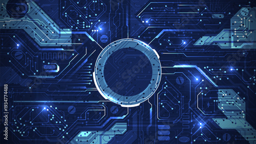 Circuit board background. Blue digital circuits with electronic motherboard patterns, futuristic cyber chip and microchip technology. Abstract tech hardware with high-tech circuitry, CPU power lines