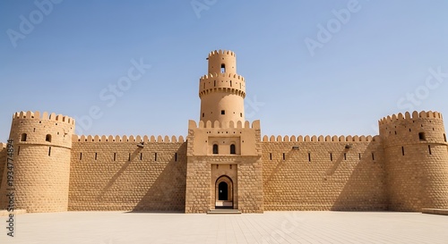A large, well-preserved sand-colored fortress with defensive walls and a central watchtower stands against a clear blue sky.